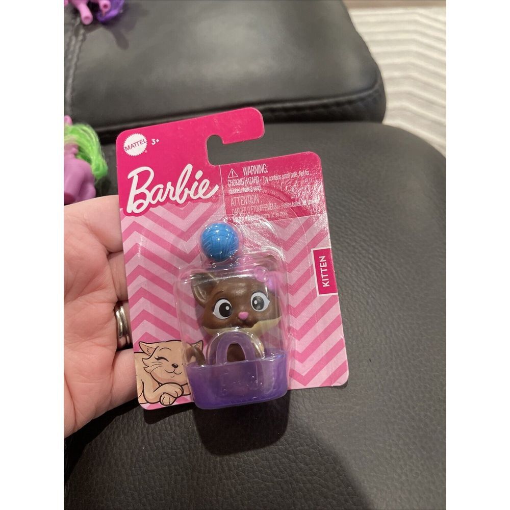 New Barbie‎ Pet Kitten w/ Pink Bow - Purple Pet Basket & Blue Yarn Ball Mattel